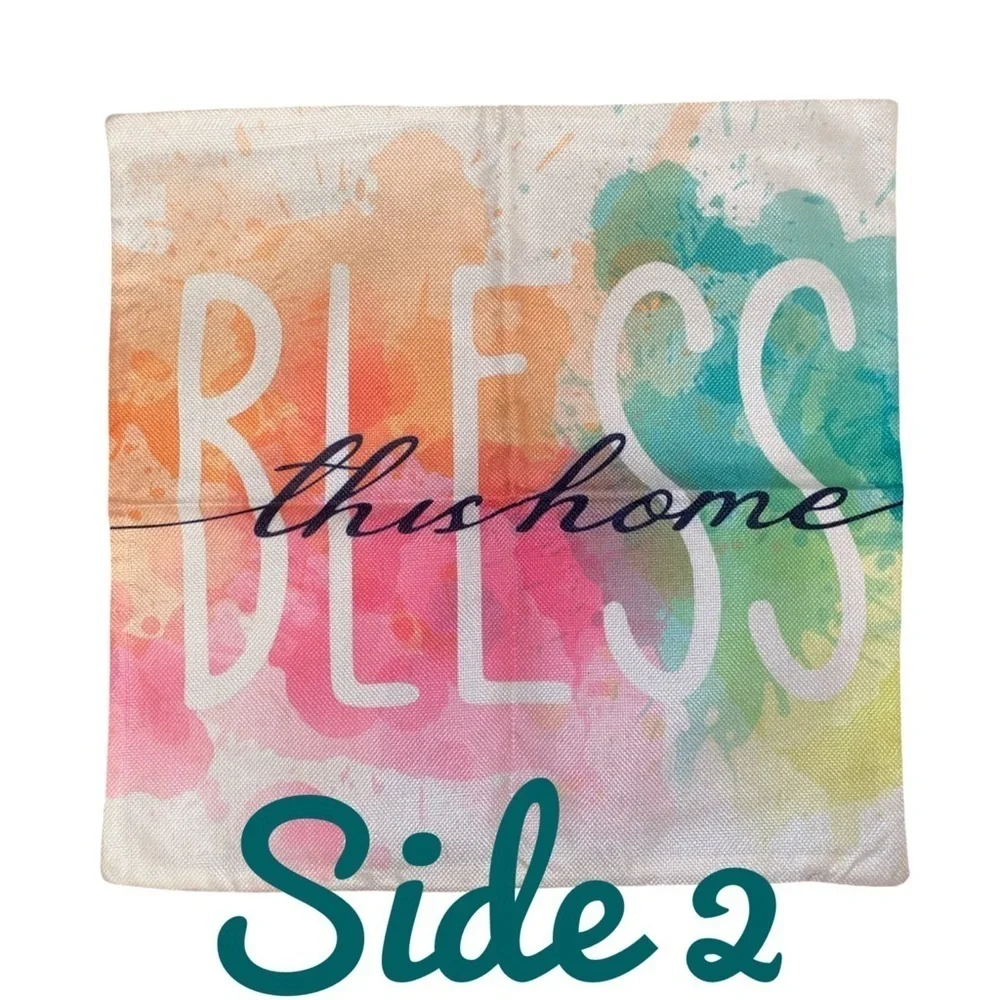 THROW PILLOW COVER-Boho “Bless This Home”  Watercolors Indoor/Outdoor 17.2” SQ